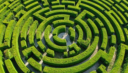 Naklejka premium A breathtaking aerial view of a vibrant green grass labyrinth maze, perfectly round and symmetrically designed with concentric paths, forming a stunning natural pattern in a lush landscape garden