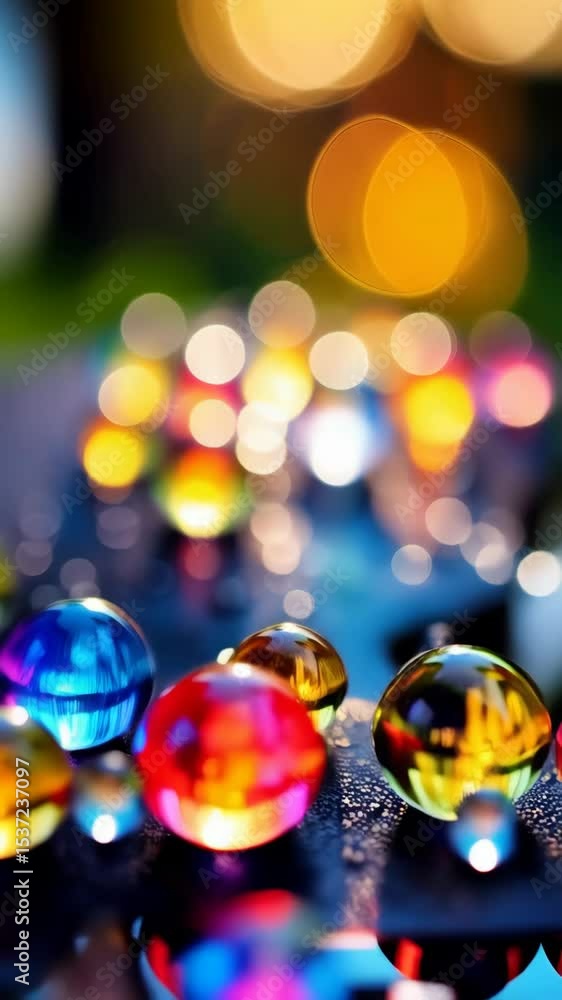 Poster refractive spheres with vibrant colors creating a bokeh effect on a dark textured surface with water
