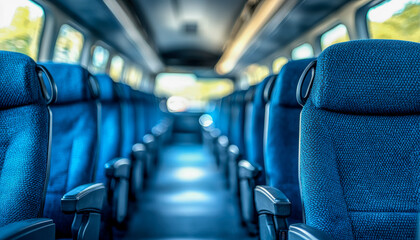 Interior view of a modern passenger bus with blue fabric seats