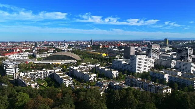 Aerial drone view of Neuhausen-Nymphenburg, a charming residential district in Munich, Germany, featuring historic buildings and leafy streets . 30 September 2024