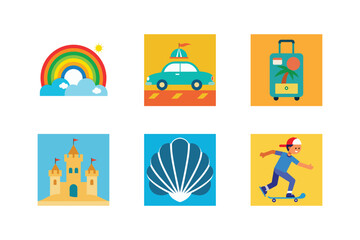Naklejka premium Colorful summer travel icons depicting vacation adventures and recreational activities