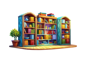 A whimsical cartoon illustration of a well stocked bookshelf with decorative items