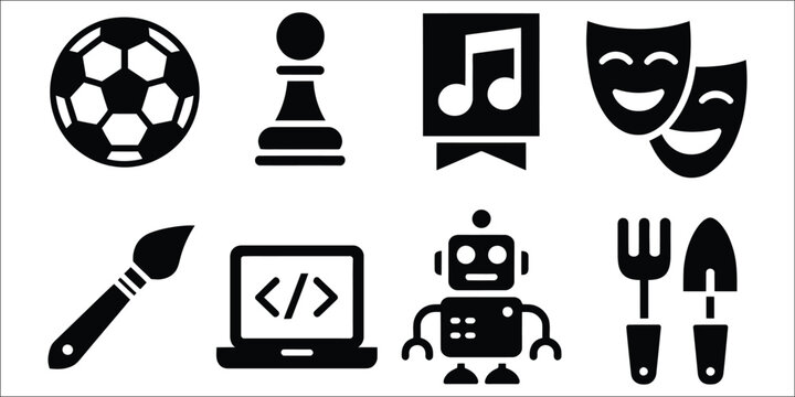Solid vector icon set featuring afterschool activities including soccer ball, chess piece, musical notes sheet, theatre mask, painting brush, laptop for coding, robotics kit, and gardening tools for l