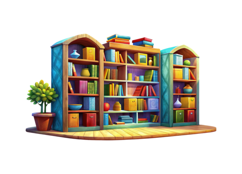 A whimsical cartoon illustration of a well stocked bookshelf with decorative items