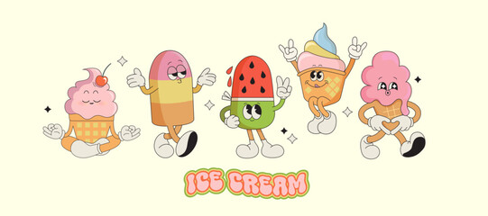 Set ice cream characters,funny summer food-sundae, gelato. Happy sweet kawaii smiling delicacy with different tastes for kids. Template for greeting,invitation,poster, flyer, web.Vector illustration.
