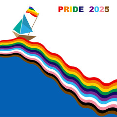 Pride 2025 Rainbow Flag LGBTQIA+ Wavy Banner. Equality, Inclusivity. Gay Pride template with LGBT Flag sign. Pride Month. Colorful design sea ​​waves with little boat background