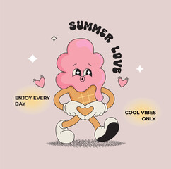Lovely ice cream character,funny summer food-sundae, gelato. Sweet kawaii delicacy with wishing love for kids and sweets. Template for greeting,invitation,poster, flyer, web.Vector illustration