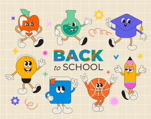 School characters of funny school items with different emotions and back to school greeting. Kawaii happy characters of school supplies-book, ball, pencil, flask, bulb, apple. Vector illustration.