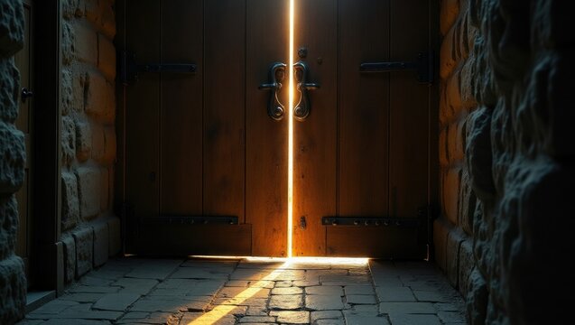 Light streaming through slightly open wooden door