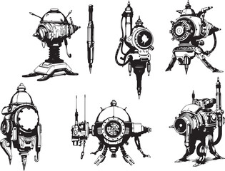 Mechanism set, retro, vintage, steampunk, cyberpunk, decorative elements. Ideal design for social media, cover, banner, flyer, music, ads.	