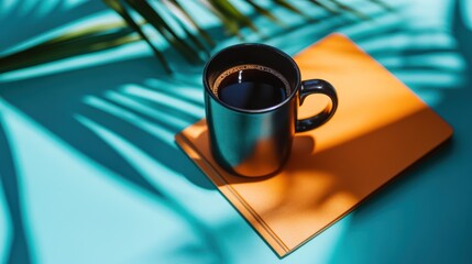 Black mug of coffee on a vibrant teal surface, with an orange notebook and tropical leaf shadows