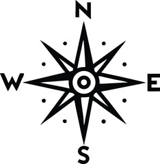 A striking black and white compass rose design featuring directional markers: North, East, South, and West, symbolizing navigation and adventure.