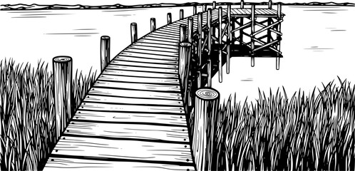 hand-drawn wooden pier extending into water with grass on both sides in black and white
