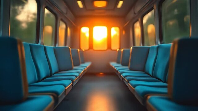 Train interior, blue seats, sunset view