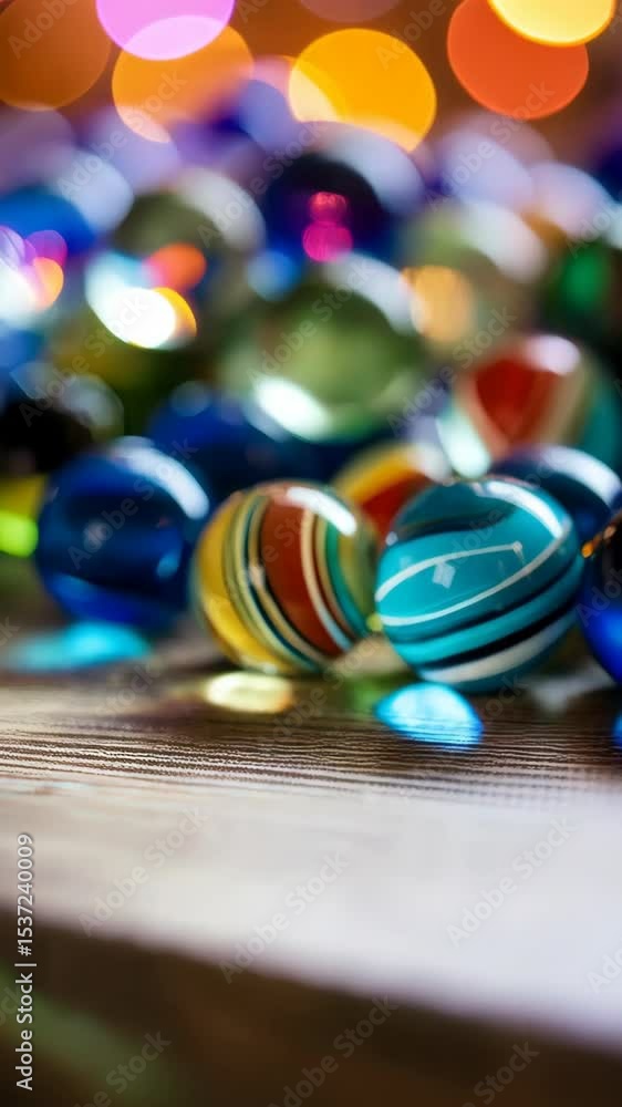 Poster abstract arrangement of colorful glass marbles in assorted colors with bokeh lights illuminating the