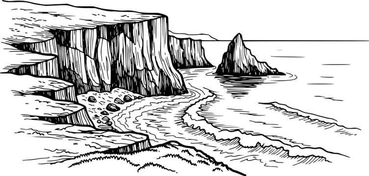 sea cliff coastline hand drawn vector illustration
