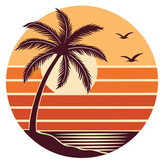 A retro sunset depicts a palm tree with flying birds in silhouette