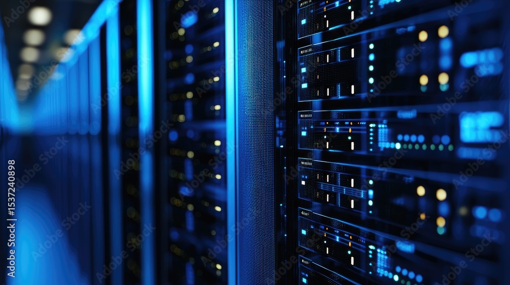 Poster Close-up of advanced server racks in a high-tech data center with glowing blue lights, symbolizing cloud computing, secure storage systems, and robust network infrastructure for digital solutions