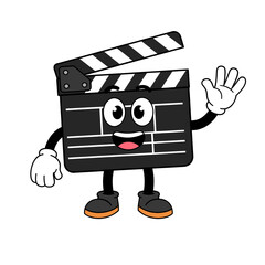 Happy cartoon clapperboard character with waving hands isolated on transparent background, png image 