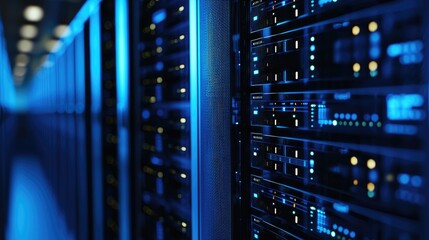 Close-up of advanced server racks in a high-tech data center with glowing blue lights, symbolizing cloud computing, secure storage systems, and robust network infrastructure for digital solutions