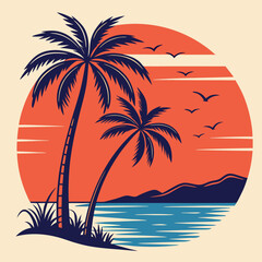 Two tropical palm trees stand serenely against a vividly orange setting sun near distant mountains
