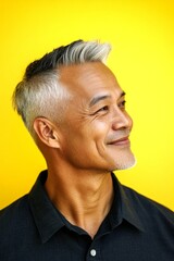 Fototapeta premium Visual idea layout idea of style for aging men. Yellow solid background. A sophisticated male posing with grace. Chic men's low fade haircut - midlife southeast asian man with middle hair.