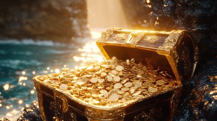Reward system clipart Concept a treasure chest overflowing with gold coins and gems, representing rewards, warm, glowing light