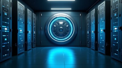 Modern digital security vault inside data center, perfect for cloud safety visuals and cybersecurity presentations.