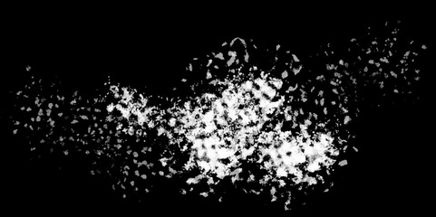Snowflakes on dark background. white icy snowflakes isolated on black background, natural background. white crystalline powder on a black background. sugar dust. texture, pattern and clipping.