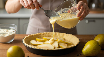 Preparing pear charlotte by pouring batter over sliced pears in pie crust  