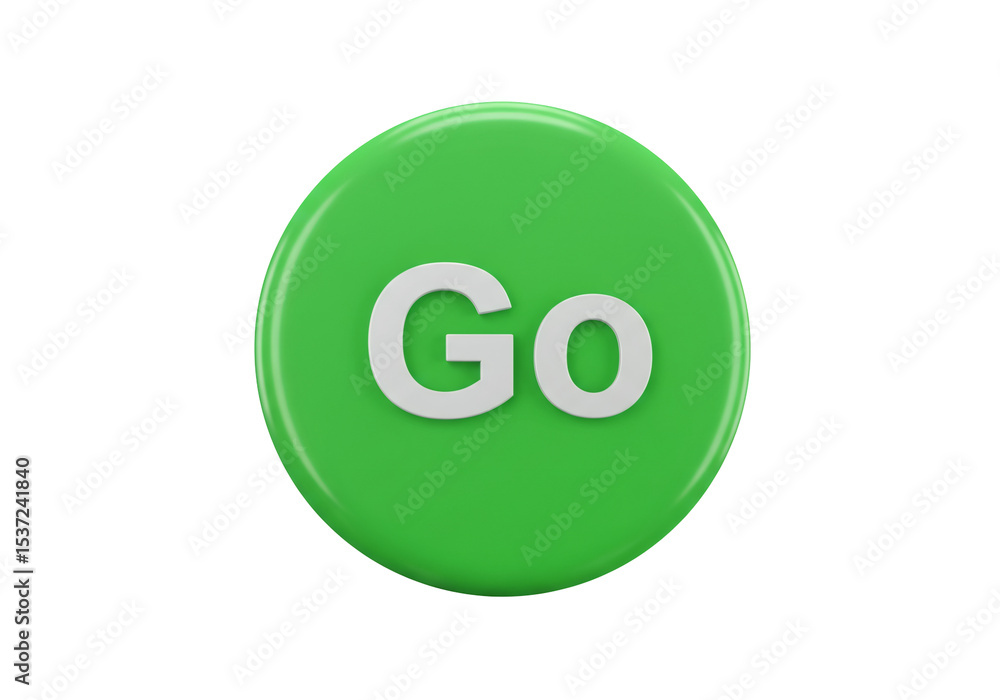 Poster glowing green go button on transparent background indicates forward movement