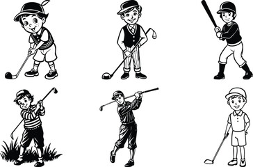 Black silhouettes set of professional golf players in different poses, standing, walking. celebrating win. Vector clipart collection isolated on transparent background
