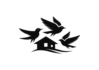 Two Lovebirds in Flight – Black Silhouette Isolated on White Background

