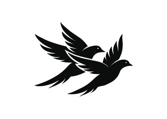 Two Lovebirds in Flight – Black Silhouette Isolated on White Background

