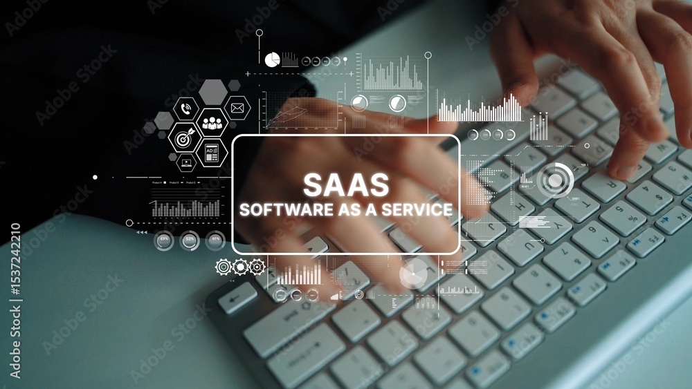 Poster hands typing on keyboard with graphics representing saas concepts and digital technology in office e