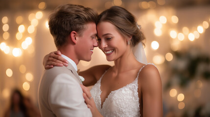 Joyful wedding couple dancing at reception with romantic decor