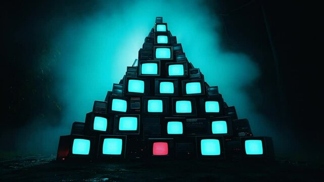 Pyramid of Retro Televisions in a Dark Forest