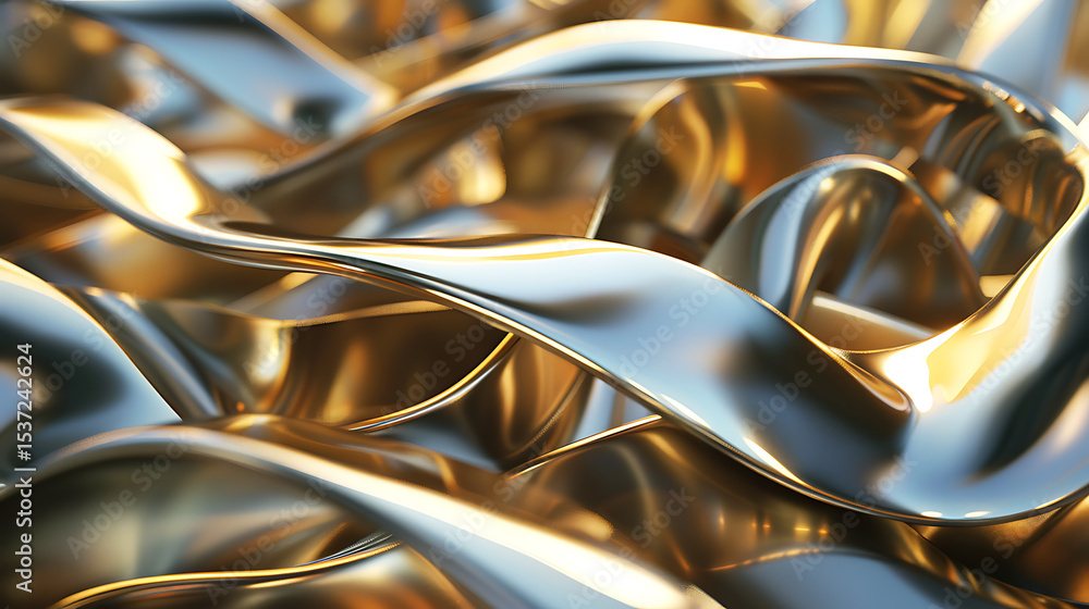 Poster an abstract background features flowing gold and silver metallic shapes creating a luxurious and mod