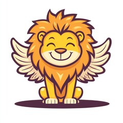 Cute, smiling cartoon lion with small wings sitting down, isolated on white ground