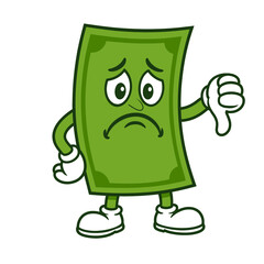 Sad cartoon dollar bill giving thumbs down isolated on transparent background, png image 