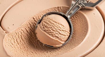 Delicious scoop of chocolate ice cream in a metal spoon closeup