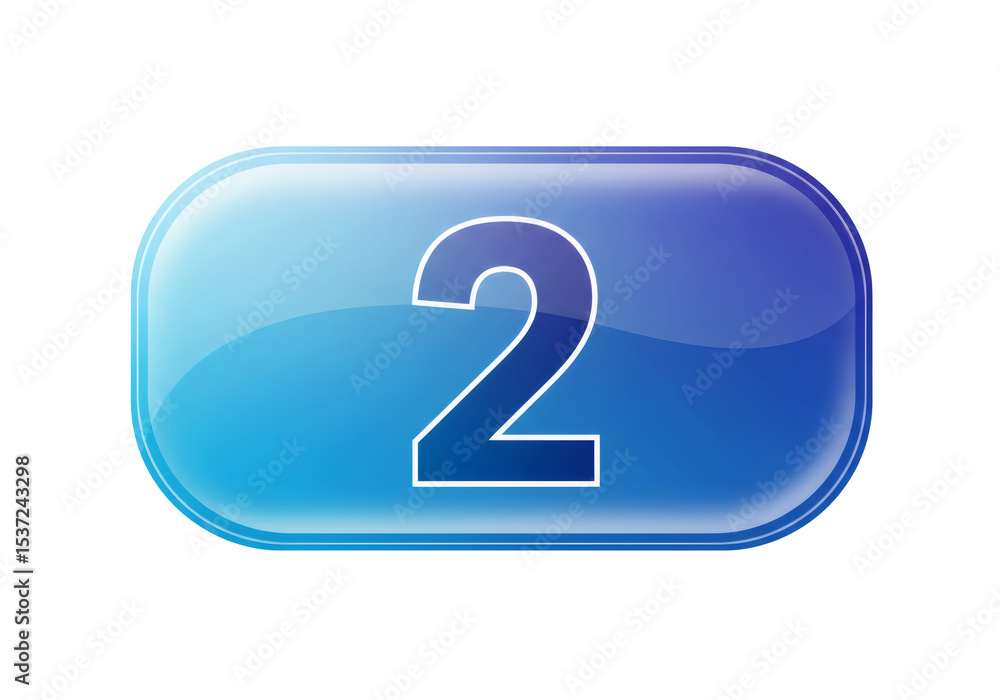 Poster glossy number two icon in blue color with reflective surface on transparent