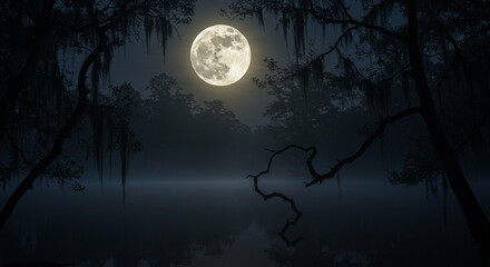 Fototapeta premium A radiant full moon casts its ethereal glow over a dark, misty swamp, creating a tranquil night reflection. 
