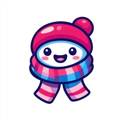Cartoonish, cute character with hat and scarf, set against a white background