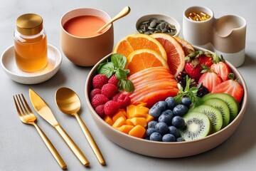 Colorful bowl of fresh fruits, honey jar, juice, and nutritional supplements