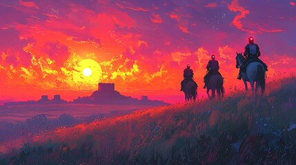 Sunset knights horseback riding across field towards castle.