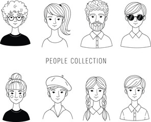 Hand-drawn collection of diverse characters with different hairstyles and accessories, perfect for illustrations representing individuality, fashion