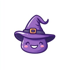 Smiling, happy, shiny purple cartoon head wearing a purple witch's hat with buckle