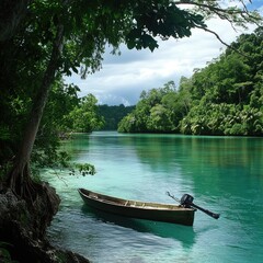 Obraz premium Tranquil lagoon with a small boat nestled beneath lush tropical foliage