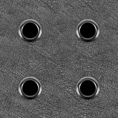 Seamless 4k photo texture material of gray colored leather with rivet holes.